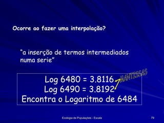 Ocorre ao fazer uma interpolação?

“a inserção de termos intermediados
numa serie”

Log 6480 = 3.8116
Log 6490 = 3.8192
Encontra o Logaritmo de 6484
Ecologia de Populações - Escala

79

 