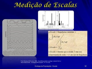 Medição de Escalas

p Escala  frequência s máximas 


f 

 fS ( f )df
0



 S ( f )df
0

f Escala  1

2f

w Escala  mesmo que a escala f mas usa
comprimento da onda  1/f em vez de frequência
From Denney, M.W. et al. 2004. Quantifying scale in ecology: Lessons from a
wave-swept shore. Ecological Monographs 74: 513-532

Ecologia de Populações - Escala

92

 