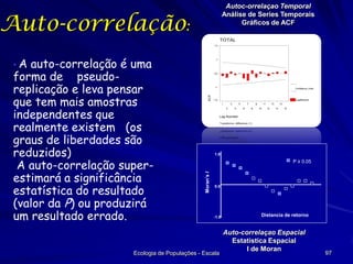 Autoc-orrelaçao Temporal
Análise de Series Temporais
Gráficos de ACF

Auto-correlação:
•A

1.0

P ≥ 0.05

Moran’s I

auto-correlação é uma
forma de pseudoreplicação e leva pensar
que tem mais amostras
independentes que
realmente existem (os
graus de liberdades são
reduzidos)
A auto-correlação superestimará a significância
estatística do resultado
(valor da P) ou produzirá
um resultado errado.

0.0

-1.0

Ecologia de Populações - Escala

Distancia de retorno

Auto-correlaçao Espacial
Estatística Espacial
I de Moran

97

 