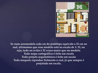 Se num aeromodelo cada cm do protótipo equivale a 32 cm no
real, afirmamos que esse modelo está na escala de 1: 32, ou
seja, tudo no avião é 32 vezes maior que no modelo.
Todo mapa cartográfico é feito em escala
Todo projeto arquitetônico é feito em escala
Toda maquete reproduz fielmente o real, já que sempre é
projetada em escala.
 