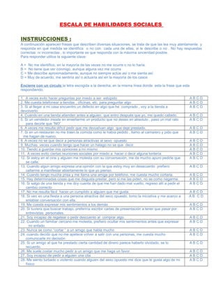 ESCALA DE HABILIDADES SOCIALES
INSTRUCCIONES :
A continuación aparecen frases que describen diversas situaciones, se trata de que las lea muy atentamente y
responda en qué medida se identifica o no con cada una de ellas, si le describe o no . No hay respuestas
correctas ni incorrectas , lo importante es que responda con la máxima sinceridad posible.
Para responder utilice la siguiente clave:
A = No me identifico, en la mayoría de las veces no me ocurre o no lo haría.
B = No tiene que ver conmigo, aunque alguna vez me ocurra
C = Me describe aproximadamente, aunque no siempre actúe así o me sienta así
D = Muy de acuerdo, me sentiría así o actuaría así en la mayoría de los casos
.
Encierre con un circulo la letra escogida a la derecha, en la misma línea donde esta la frase que esta
respondiendo.
1. A veces evito hacer preguntas por miedo a ser estúpido A B C D
2. Me cuesta telefonear a tiendas , oficinas, etc. para preguntar algo A B C D
3. Si al llegar a mi casa encuentro un defecto en algo que he comprado , voy a la tienda a
devolverlo.
A B C D
4. Cuando en una tienda atienden antes a alguien que entro después que yo, me quedo callado. A B C D
5. Si un vendedor insiste en enseñarme un producto que no deseo en absoluto , paso un mal rato
para decirle que “NO”
A B C D
6. A veces me resulta difícil pedir que me devuelvan algo que deje prestado. A B C D
7. Si en un restauran no me traen la comida como le había pedido , llamo al camarero y pido que
me hagan de nuevo.
A B C D
8. A veces no se que decir a personas atractivas al sexo opuesto. A B C D
9. Muchas veces cuando tengo que hacer un halago no se que decir. A B C D
10. Tiendo a guardar mis opiniones a mi mismo A B C D
11. A veces evito ciertas reuniones sociales por miedo a hacer o decir alguna tontería. A B C D
12. Si estoy en el cine y alguien me molesta con su conversación, me da mucho apuro pedirle que
se calle.
A B C D
13. Cuando algún amigo expresa una opinión con la que estoy muy en desacuerdo prefiero
callarme a manifestar abiertamente lo que yo pienso.
A B C D
14. Cuando tengo mucha prisa y me llama una amiga por teléfono, me cuesta mucho cortarla. A B C D
15. Hay determinadas cosas que me disgusta prestar, pero si me las piden, no se como negarme. A B C D
16. Si salgo de una tienda y me doy cuenta de que me han dado mal vuelto, regreso allí a pedir el
cambio correcto
A B C D
17. No me resulta fácil hacer un cumplido a alguien que me gusta. A B C D
18. Si veo en una fiesta a una persona atractiva del seco opuesto, tomo la iniciativa y me acerco a
entablar conversación con ella.
A B C D
19. Me cuesta expresar mis sentimientos a los demás A B C D
20. Si tuviera que buscar trabajo, preferiría escribir cartas de presentación a tener que pasar por
entrevistas personales.
A B C D
21, Soy incapaz de regatear o pedir descuento al comprar algo. A B C D
22. Cuando un familiar cercano me molesta, prefiero ocultar mis sentimientos antes que expresar
mi enfado.
A B C D
23. Nunca se como “cortar “ a un amigo que habla mucho A B C D
24. cuando decido que no me apetece volver a salir con una personas, me cuesta mucho
comunicarle mi decisión
A B C D
25. Si un amigo al que he prestado cierta cantidad de dinero parece haberlo olvidado, se lo
recuerdo.
A B C D
26. Me suele costar mucho pedir a un amigo que me haga un favor. A B C D
27. Soy incapaz de pedir a alguien una cita A B C D
28. Me siento turbado o violento cuando alguien del sexo opuesto me dice que le gusta algo de mi
físico
A B C D
 