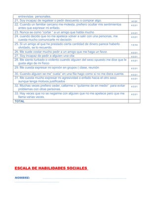 entrevistas personales.
21, Soy incapaz de regatear o pedir descuento o comprar algo. 4 3 21
22. Cuando un familiar cercano me molesta, prefiero ocultar mis sentimientos
antes que expresar mi enfado.
4 3 2 1
23. Nunca se como “cortar “ a un amigo que habla mucho 4 3 2 1
24. cuando decido que no me apetece volver a salir con una personas, me
cuesta mucho comunicarle mi decisión
4 3 2 1
25. Si un amigo al que he prestado cierta cantidad de dinero parece haberlo
olvidado, se lo recuerdo.
1 2 3 4
26. Me suele costar mucho pedir a un amigo que me haga un favor. 4 3 2 1
27. Soy incapaz de pedir a alguien una cita 4 3 2 1
28. Me siento turbado o violento cuando alguien del sexo opuesto me dice que le
gusta algo de mi físico
4 3 2 1
29. Me cuesta expresar mi opinión en grupos ( clase, reunión 4 3 2 1
30. Cuando alguien se me” cuela” en una fila hago como si no me diera cuenta. 4 3 2 1
31. Me cuesta mucho expresar mi agresividad o enfado hacia el otro sexo
aunque tenga motivos justificados
4 3 2 1
32. Muchas veces prefiero ceder, callarme o “quitarme de en medio“ para evitar
problemas con otras personas.
4 3 2 1
33. Hay veces que no se negarme con alguien que no me apetece pero que me
llama varias veces.
4 3 2 1
TOTAL
ESCALA DE HABILIDADES SOCIALES
NOMBRE: …………………………………………………………………………….
………………………………………..
 