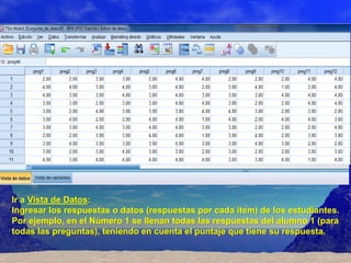 Ir a Vista de Datos:
Ingresar los respuestas o datos (respuestas por cada ítem) de los estudiantes.
Por ejemplo, en el Número 1 se llenan todas las respuestas del alumno 1 (para
todas las preguntas), teniendo en cuenta el puntaje que tiene su respuesta.
 
