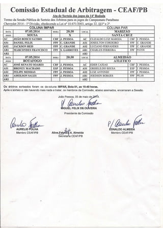 Arbitragem – Campeonato Paraibano 2014 (14ª Rodada - 2º Turno).