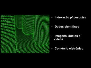 ●   Indexação p/ pesquisa

●   Dados científicos

●   Imagens, áudios e
    vídeos

●   Comércio eletrônico
 
