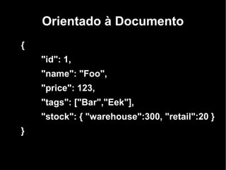 Orientado à Documento
{
    "id": 1,
    "name": "Foo",
    "price": 123,
    "tags": ["Bar","Eek"],
    "stock": { "warehouse":300, "retail":20 }
}
 