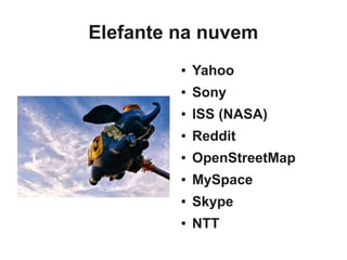 Elefante na nuvem
         ●   Yahoo
         ●   Sony
         ●   ISS (NASA)
         ●   Reddit
         ●   OpenStreetMap
         ●   MySpace
         ●   Skype
         ●   NTT
 