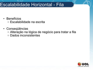 Escalabilidade Horizontal - Fila Benefícios Escalabilidade na escrita Conseqüências Alteração na lógica de negócio para tratar a fila Dados inconsistentes 