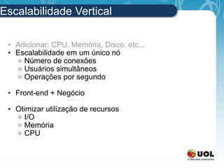 Escalabilidade Vertical Adicionar: CPU, Memória, Disco, etc... Escalabilidade em um único nó Número de conexões Usuários simultâneos Operações por segundo Front-end + Negócio Otimizar utilização de recursos I/O Memória CPU  