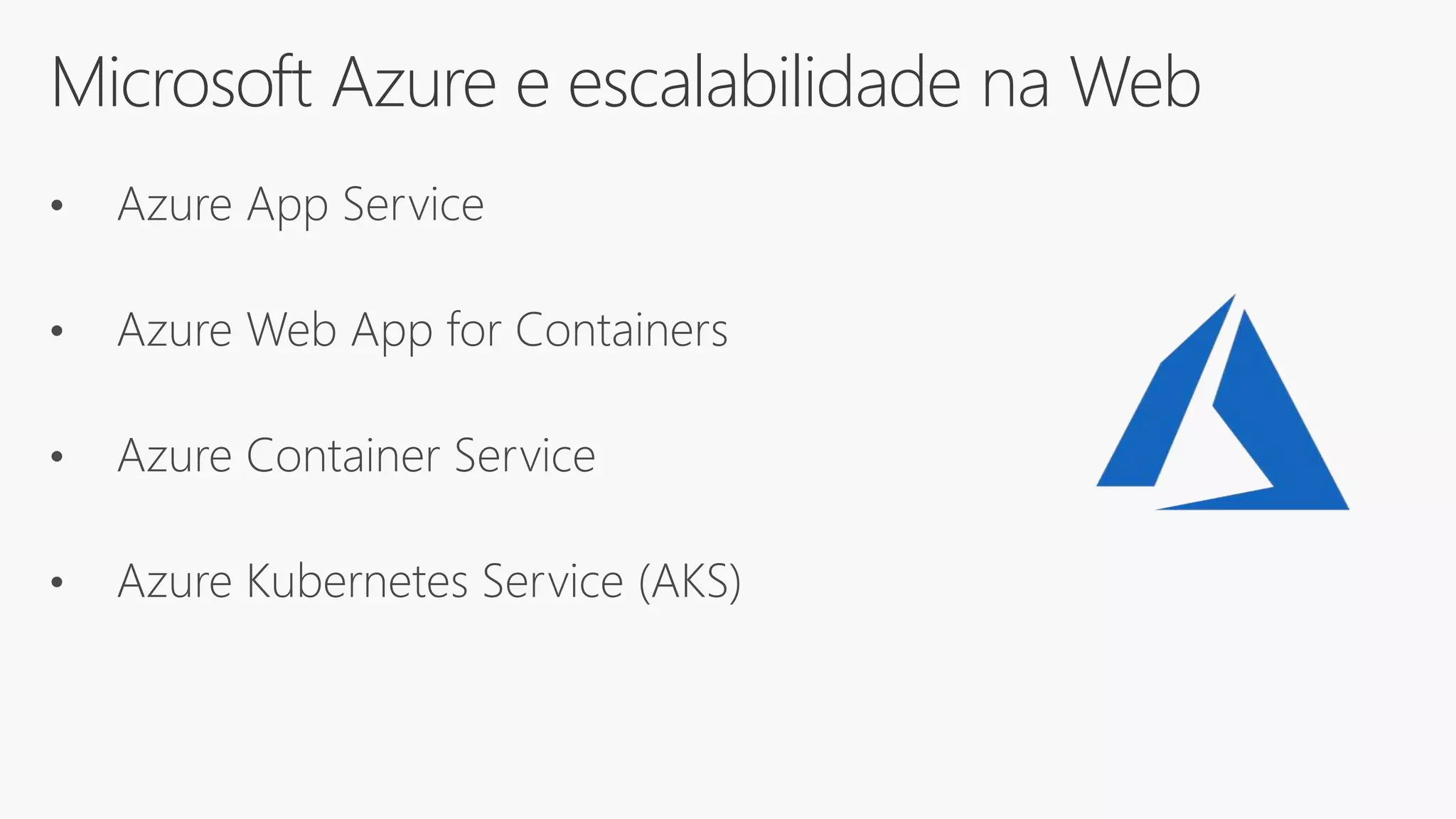 Microsoft Azure e escalabilidade na Web
• Azure App Service
• Azure Web App for Containers
• Azure Container Service
• Azure Kubernetes Service (AKS)
 