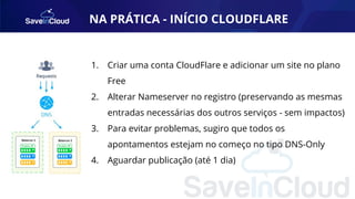 NA PRÁTICA - INÍCIO CLOUDFLARE
1. Criar uma conta CloudFlare e adicionar um site no plano
Free
2. Alterar Nameserver no registro (preservando as mesmas
entradas necessárias dos outros serviços - sem impactos)
3. Para evitar problemas, sugiro que todos os
apontamentos estejam no começo no tipo DNS-Only
4. Aguardar publicação (até 1 dia)
 