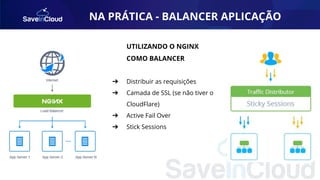NA PRÁTICA - BALANCER APLICAÇÃO
UTILIZANDO O NGINX
COMO BALANCER
➔ Distribuir as requisições
➔ Camada de SSL (se não tiver o
CloudFlare)
➔ Active Fail Over
➔ Stick Sessions
 