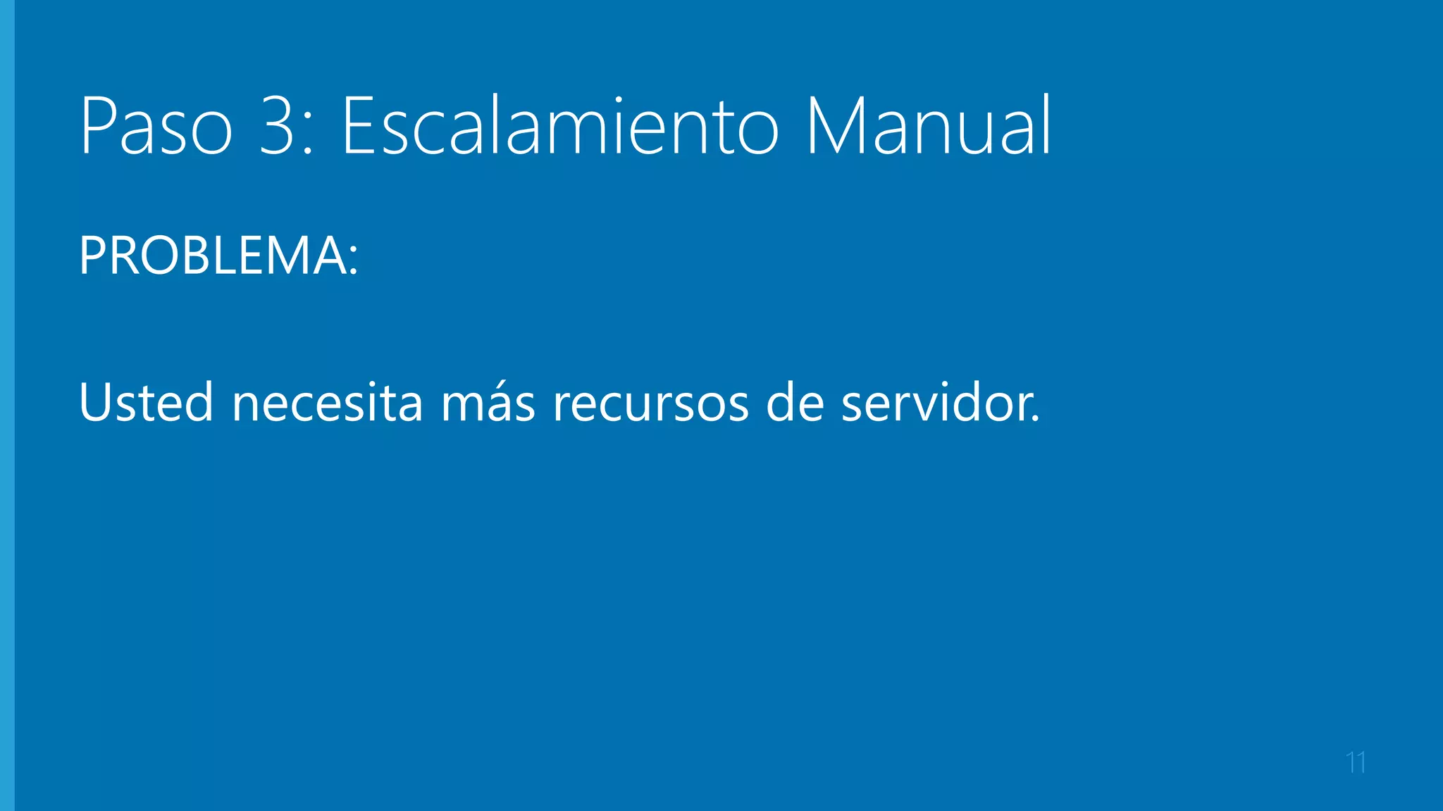 Paso 3: Escalamiento Manual 
PROBLEMA: 
Usted necesita más recursos de servidor. 
11 
 