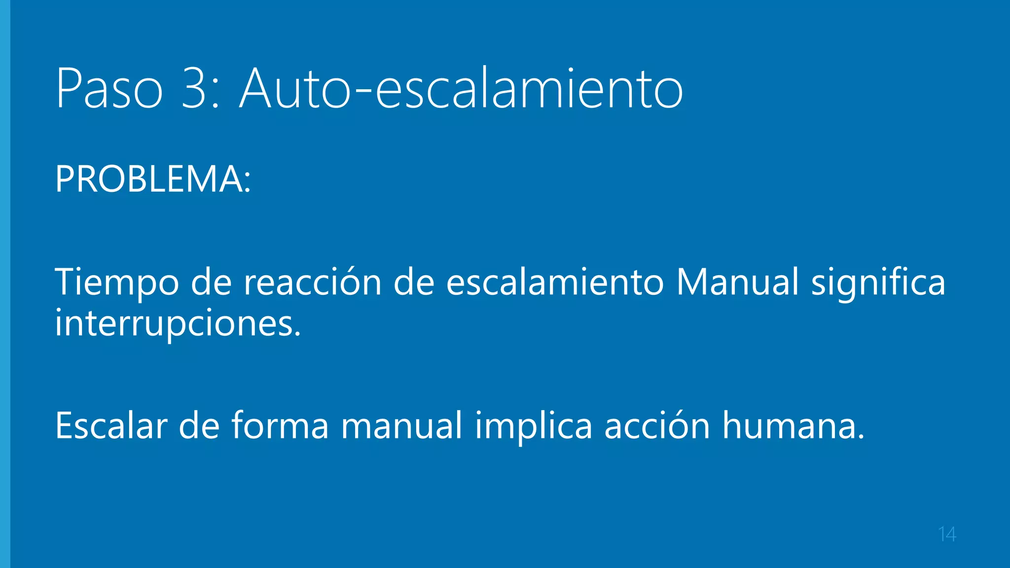 Paso 3: Auto-escalamiento 
PROBLEMA: 
Tiempo de reacción de escalamiento Manual significa 
interrupciones. 
Escalar de forma manual implica acción humana. 
14 
 