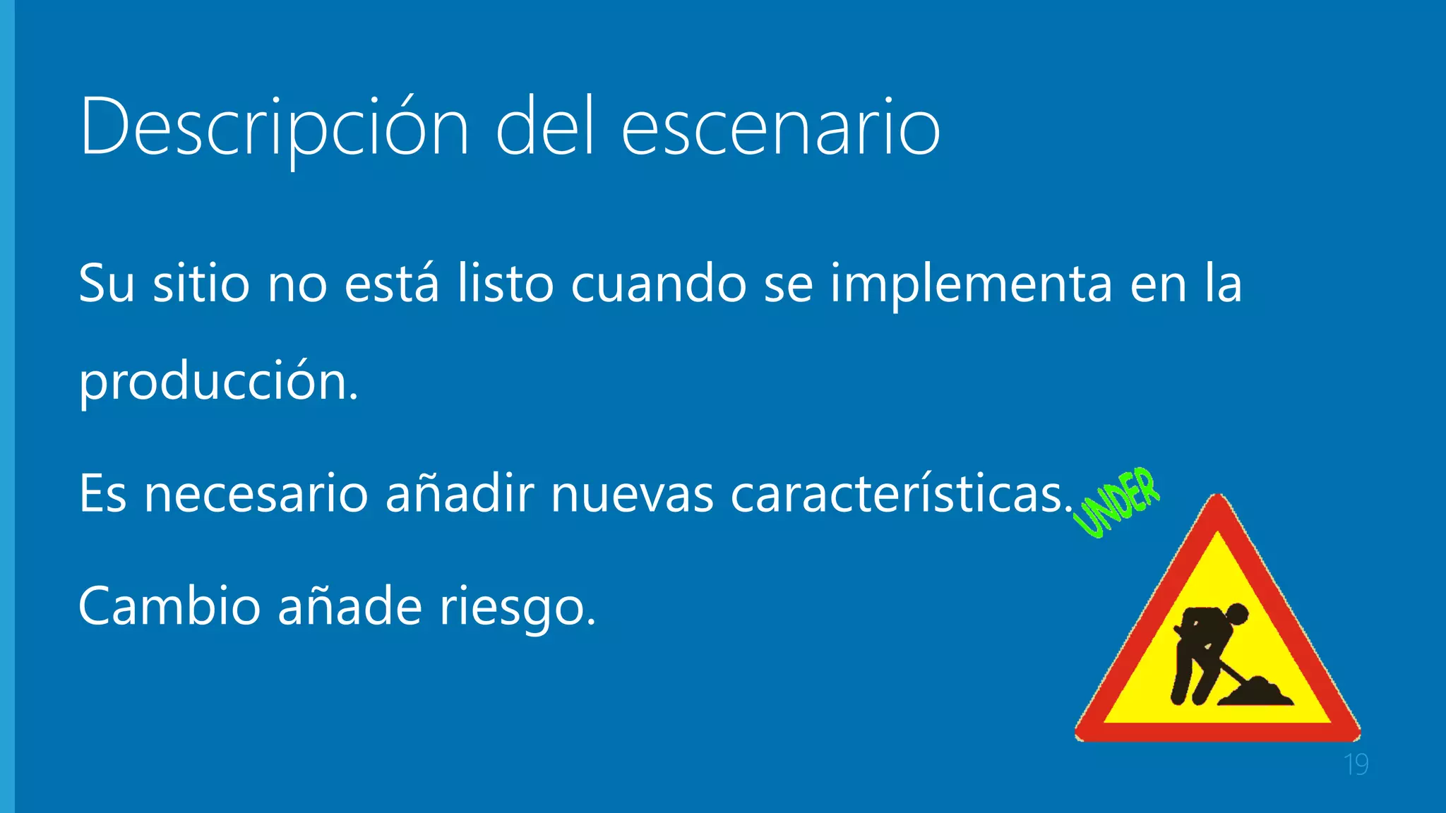 Descripción del escenario 
Su sitio no está listo cuando se implementa en la 
producción. 
Es necesario añadir nuevas características. 
Cambio añade riesgo. 
19 
 