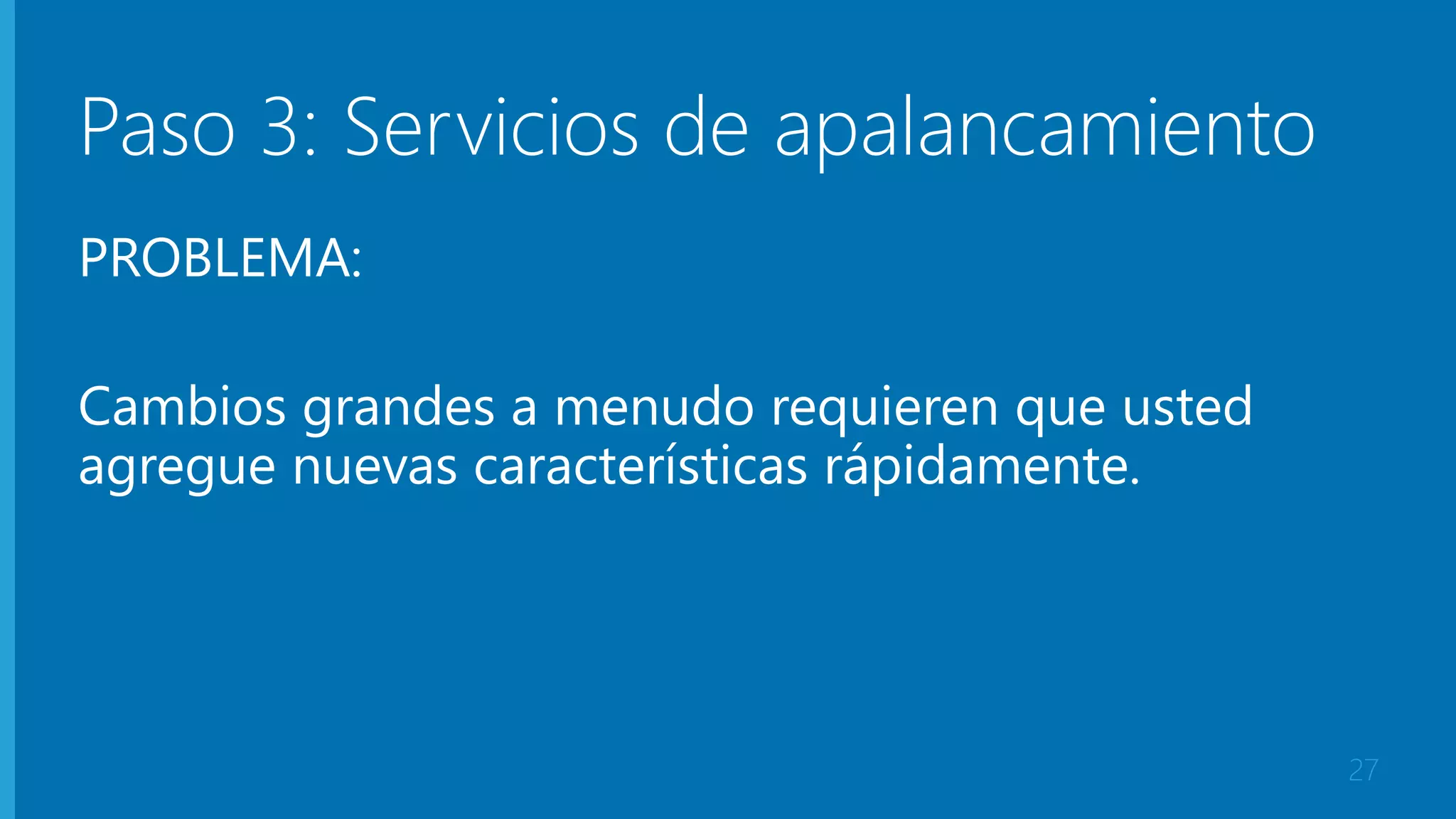 Paso 3: Servicios de apalancamiento 
PROBLEMA: 
Cambios grandes a menudo requieren que usted 
agregue nuevas características rápidamente. 
27 
 