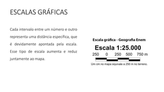 ESCALAS GRÁFICAS
Cada intervalo entre um número e outro
representa uma distância específica, que
é devidamente apontada pela escala.
Esse tipo de escala aumenta e reduz
juntamente ao mapa.
 