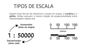 TIPOS DE ESCALA
Existem duas formas de utilizarmos a escala em mapas: a numérica e a
gráfica. Ambas possuem a mesma relação de proporcionalidade entre
representação e objeto real
 
