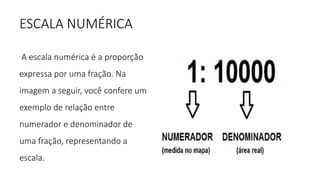 ESCALA NUMÉRICA
A escala numérica é a proporção
expressa por uma fração. Na
imagem a seguir, você confere um
exemplo de relação entre
numerador e denominador de
uma fração, representando a
escala.
 