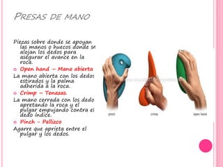 PRESAS DE MANO
Piezas sobre donde se apoyan
las manos o huecos donde se
alojan los dedos para
asegurar el avance en la
roca.
 Open hand – Mano abierta
La mano abierta con los dedos
estirados y la palma
adherida a la roca.
 Crimp – Tenazas.
La mano cerrada con los dedos
apretando la roca y el
pulgar empujando contra el
dedo índice.
 Pinch - Pellizco
Agarre que aprieta entre el
pulgar y los dedos.
 