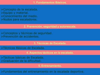1. Fundamentos Básicos.

Concepto de la escalada.
Equipo y material.
Conocimiento del medio.
Nudos para escaladores.

               2. Prevención, seguridad y autorescate.

Conceptos y técnicas de seguridad.
Prevención de accidentes.

                      3. Técnicas de Escalada.
Técnicas Básicas de Escalada.
                 4. Aspectos tácticos en la escalada.
Tácticas básicas de Escalada.
Graduación de la dificultad.
                            5. Entrenamiento.

Fundamentos del entrenamiento en la escalada deportiva.
 