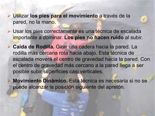  Utilizar los pies para el movimiento a través de la
  pared, no la mano.
 Usar los pies correctamente es una técnica de escalada
  importante a dominar. Los pies no hacen ruido al subir.
 Caída de Rodilla. Girar una cadera hacia la pared. La
  rodilla más cercana rota hacia abajo. Esta técnica de
  escalada moverá el centro de gravedad hacia la pared. Con
  el centro de gravedad más cercano a la pared llega a ser
  posible subir superficies casi verticales.
 Movimiento Dinámico. Esta técnica es necesaria si no se
  puede alcanzar la posición siguiente del apretón.
 