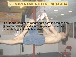 5. ENTRENAMIENTO EN ESCALADA




Lo ideal la para el entrenamiento para la escalada es
una combinación de distintos aspectos presentes
durante la práctica de la misma.
 