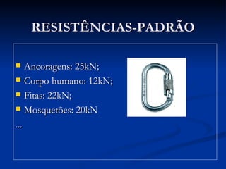 RESISTÊNCIAS-PADRÃO Ancoragens: 25kN; Corpo humano: 12kN; Fitas: 22kN; Mosquetões: 20kN ... 