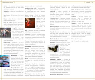 MANUAL DE BOAS PRÁTICAS ESCALADA 65
Jumar – A primeira marca a lançar
um ascensor deste tipo. O nome virou
sinônimo de ascensor.
Jumarear – Subir pela corda fixa com
ascensores.
Lance-chave – O lance mais difícil da via,
crux.
Limpar a via – Recolher o material de
proteção instalado na via.
Livro de cume – Caderno deixado no
cume de montanhas, utilizado para registro
daqueles que chegaram até aquele ponto.
Magnésio – Carbonato
de magnésio. Utilizado
por escaladores para
retirar a umidade, o
suor das mãos na hora
da escalada, é colocado
no chamado “ saco
de magnésio” e levado preso na parte das
costas na cadeirinha.
Malha rápida – Semelhante a um elo de
corrente que é fechado com uma trava de
rosca. Utilizado em ancoragens de muros
de escalada com segurança de cima ou para
deixar as vias equipadas, sem o problema
da costura abrir e dificultando o roubo.
Também utilizado nas aconragens de rapel,
em espeleologia e canionismo.
Mosquetão – Equipa-
mento básico no mon-
tanhismo. Feito em dura-
lumínioouaço,deformato
oval, D e outros, possui
em um de seus lados um
gatilho, que se abre para a
passagem da corda.
Mosquetão base – Cha-
mado também de mosquetão de parada,
sendo um modelo maior do que os outros,
utilizado nas ancoragens e paradas de seg-
urança, permitindo, devido ao seu taman-
ho, um melhor acesso para os outros mos-
quetões e corda que se prendem a ele.
Mosquetão com trava – Mosquetão que
no gatilho possui uma trava com rosca ou
de engate rápido para evitar a abertura
acidental do mesmo.
Muro artificial – Parede de escalada,
podendo ser de vários materiais como,
madeira, fibra ou
concreto, com
agarras artificiais
para escalada.
Nut – Entalador
em forma de
cunha.
Oito – Descensor em forma de 8, também
utilizado para fazer a segurança.
Oposição – Técnica de escalada em que
o escalador pressiona a rocha com os pés
numa direção enquanto puxa com as mãos
na direção oposta.
Parada – Ancoragem principal, feita de
preferência com equalização de pontos de
fixação e redundância.
Participante – Segundo posto na cordada.
Pêndulo – Pendular preso a uma corda.
Pode ser utilizado como técnica de
escalada para se alcançar um ponto da via,
lateralmente, impossível de se fazer em
livre. Tipo de queda que pode haver em
uma escalada em travessia horizontal.
Piton – Equipamento ou dispositivo de
ancoragem que é martelado em fendas na
rocha.
Pontos de proteção fixa – Aquele que é
instalado pelo conquistador, o primeiro a
fazer a via, ou pela pessoa que equipou a
via e não mais retirada. Feita com grampos
“P” ou chapeletas em fixadores (parabolts,
grampos de expansão) com parafuso.
Portaledge – Tipo de platô que fica
suspenso, preso em ancoragem, para se
dormir na parede de rocha. Pode ter uma
cobertura, tomando a forma de uma
barraca de parede.
Proteção – Pontos utilizados na
montagem do sistema de segurança,
sejam para costura ou para a ancoragem
(montagem da parada).
Proteção móvel – Segurança colocada
e retirada pelos escaladores durante a
ascensão na rocha, geralmente através de
peças de entalamento em fendas e/ou
buracos.
Proteção natural – Ancoragem montada
com auxilio de fitas e/ou cordas em árvores
ou bicos de pedras.
Prussik – Nome de um nó blocante, feito
entre uma corda, unida pelas pontas, de
menor diâmetro (cordim) envolvendo
outra de maior diâmetro, a principal.
Rapel – No Brasil, utilizado como termo
de referência para descida pela corda.
Sapatilha – Calçado especial para escalar
em rocha. Existem modelos para cada
estilo de escalada.
Segurança –
Recolher ou soltar a
corda por meio de
um equipamento
adequado (freio) a um escalador durante
suaprogressãonaviaououtrosmomentos
que seja necessária.
Segurança clássica – Técnica de
segurança que não se utiliza de aparelhos
e equipamentos, onde um escalador
promove a segurança do outro com
uma corda, utilizando o próprio corpo
para gerar atrito e frear, caso necessário.
Ultimamente em desuso, mas muito
utilizada para progressões em grandes
montanhas, em terrenos relativamente
fáceis, mas que precisam de segurança.
Sistemas de Ancoragem – Dispositivos
usadosparaprenderosistemadesegurança,
o escalador ou a corda de rapel à rocha.
Solo – No Brasil, escalada solitária (sem
parceiro) sem o auxílio de equipamentos
de segurança. O mesmo que Free Solo, em
inglês.
Solitário – Escalada solitária (sem
parceiro), com a utilização de
equipamentos de proteção para auto-
segurança. Em inglês, Solo.
Tesoura – Técnica de progressão em
chaminé larga, onde, com as mãos
espalmadas e pernas afastadas, se apóiam
e os pressionam em cada um dos lados da
parede.
Top rope, corda de cima – Sistema de
segurança em que a corda que protege o
escalador vem de cima, sem a possibilidade
de queda com choque na base.
Vaca – Queda do guia.
Via – O caminho por onde se escala.
 