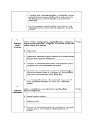 3 El paciente tiene frecuentes dificultades en controlar los síntomas
                    gastrointestinales, los cuales interfieren hasta cierto punto en la
                    vida diaria y laboral del enfermo (tendencia a no controlar la
                    defecación)


                  4 Los síntomas gastrointestinales están presentes la mayor parte
                    del tiempo e interfieren claramente en la vida diaria y laboral del
                    paciente.




    12
              Incluye síntomas no orgánicos o psíquicos tales como polaquiuria,           Puntaje
 Síntomas     irregularidades menstruales, anorgasmia, dispareunia, eyaculación
  genito      precoz, pérdida de la erección.
 urinarios

              0   No presentes


              1   Dudosamente presentes (o dudoso si es distinto de las sensaciones
                  genito urinarias frecuentes del paciente).


              2   Uno o más de los síntomas mencionados están presentes, pero no
                  interfieren con la vida diaria y laboral del presente.


              3   El paciente tiene frecuentemente uno o más de los síntomas genito-
                  urinarios mencionados arriba, de tal magnitud que interfieren hasta
                  cierto punto con la vida diaria y laboral del paciente.


              4   Los síntomas genito-urinarios están presentes la mayor parte del
                  tiempo e interfieren claramente con la vida diaria y laboral del
                  paciente.

    13
              Incluye sequedad de boca, enrojecimiento facial o palidez,                  Puntaje
  Síntomas    transpiración y mareo.
autonómicos

              0   No se encuentran presentes


              1   Presencia dudosa


              2   Una o más de las molestias autonómicas descritas más arriba están
                  presentes pero no interfieren con la vida diaria y laboral del
                  paciente.
 