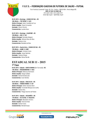 F.G.F.S. – FEDERAÇÃO GAÚCHA DE FUTEBOL DE SALÃO – FUTSAL
Trav Francisco Leonardo Truda, 40 / 56 – Centro – 90010-904 – Porto Alegre/RS
CNPJ: 87.583.761/0001-00
(51) 3224-1265 / (51) 3228-4731
www.fgfs.org.br – fgfs@fgfs.org.br
PATROCINADORES OFICIAIS
05.07.2015 – Domingo – CAXIAS DO SUL – RS
10h:30min. – TOP SPORT X UCS
Árbitro Principal: André Candido da Cruz
Árbitro Auxiliar: Flávio Fernandes
Anotador: Elisete Vicente
Cronometrista: Luciano Kuse
05.07.2015 – Domingo – GUAPORÉ – RS
15h:00min. – AGE X SJV
Árbitro Principal: Demódio Wagner
Árbitro Auxiliar: Adriano Rosa da Silva
Anotador: Fabiane Lima
Cronometrista: Ronaldo da Silva
08.07.2015 – Quarta-feira – CAXIAS DO SUL – RS
19h:00min. – AABB X ACBF
Árbitro Principal: Cristiano Costa
Árbitro Auxiliar: Jorge Salomão
Anotador: Fabiana Vargas
Cronometrista: Gilmar Borelli
ESTADUAL SUB 11 - 2015
1ª Fase
04.07.2015 – Sábado – SANTA MARIA (Gin Farrezão) – RS
14h:30min. – RIOGRANDENSE X AEU
Árbitro Principal: Andressa Hartmann
Árbitro Auxiliar: Diego Goldani
Anotador: Daniel Vendrúsculo
Cronometrista: Cezar Rambo
04.07.2015 – Sábado – CRUZ ALTA – RS
16h:00min. – VERDES MARES X SJV
Árbitro Principal: Volmir Antonio Klein
Árbitro Auxiliar: Fernando Marques da Cunha
Anotador: Daiane Dias
Cronometrista: Thiago Zavarise da Paixão
04.07.2015 – Sábado – JAGUARÃO – RS
17h:00min. – DC FUTSAL X PAULISTA
Árbitro Principal: Alexandre Orestes
Árbitro Auxiliar: Patrick Erthal
Anotador: Darlan Foster
Cronometrista: Wendel Souza
 