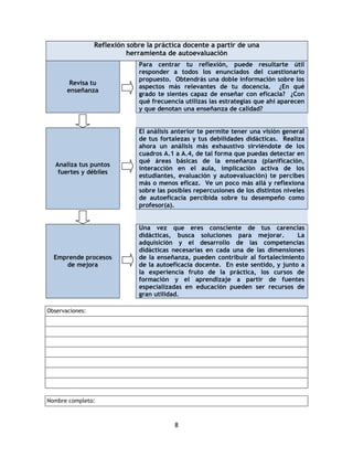 Reflexión sobre la práctica docente a partir de una
                           herramienta de autoevaluación
                              Para centrar tu reflexión, puede resultarte útil
                              responder a todos los enunciados del cuestionario
                              propuesto. Obtendrás una doble información sobre los
        Revisa tu
                              aspectos más relevantes de tu docencia. ¿En qué
       enseñanza
                              grado te sientes capaz de enseñar con eficacia? ¿Con
                              qué frecuencia utilizas las estrategias que ahí aparecen
                              y que denotan una enseñanza de calidad?


                              El análisis anterior te permite tener una visión general
                              de tus fortalezas y tus debilidades didácticas. Realiza
                              ahora un análisis más exhaustivo sirviéndote de los
                              cuadros A.1 a A.4, de tal forma que puedas detectar en
                              qué áreas básicas de la enseñanza (planificación,
   Analiza tus puntos
                              interacción en el aula, implicación activa de los
    fuertes y débiles
                              estudiantes, evaluación y autoevaluación) te percibes
                              más o menos eficaz. Ve un poco más allá y reflexiona
                              sobre las posibles repercusiones de los distintos niveles
                              de autoeficacia percibida sobre tu desempeño como
                              profesor(a).


                              Una vez que eres consciente de tus carencias
                              didácticas, busca soluciones para mejorar.          La
                              adquisición y el desarrollo de las competencias
                              didácticas necesarias en cada una de las dimensiones
  Emprende procesos           de la enseñanza, pueden contribuir al fortalecimiento
     de mejora                de la autoeficacia docente. En este sentido, y junto a
                              la experiencia fruto de la práctica, los cursos de
                              formación y el aprendizaje a partir de fuentes
                              especializadas en educación pueden ser recursos de
                              gran utilidad.

Observaciones:




Nombre completo:



                                          8
 