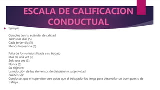  Ejemplo
Cumples con tu estándar de calidad
Todos los días (5)
Cada tercer día (3)
Menos frecuencia (0)
Falta de forma injustificada a su trabajo
Mas de una vez (0)
Solo una vez (3)
Nunca (5)
Su objetivo:
La reducción de los elementos de distorsión y subjetividad
Pueden ser:
Conductas que el supervisor cree aptas que el trabajador las tenga para desarrollar un buen puesto de
trabajo
 
