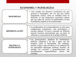 ECONOMÍA Y PATOLOGÍAS

DESEMPLEO

• Aun cuando son procesos económicos los que
generan el desempleo, una vez que éste rebasa
magnitudes críticas, tamo en cantidad como en
duración, no hay tratamiento económico alguno
que sea capaz de resolver la problemática en que
el problema original se ha transformado.

HIPERINFLACIÓN

• La problemática de la hiperinflación no sólo tiene
componentes económicos, sino psicológicos y
sociales además. El nuevo concepto de inflación
inercial reconoce precisamente que, en parte, la
inflación es consecuencia de la propia inflación.

POLÍTICA Y
PATOLOGÍAS

• Las persecuciones, producto de intolerancias
políticas, religiosas y de otro s tipos, son tan
antiguas como la humanidad. Sin embargo,
nuestro «logro» más novedoso es la tendencia de
los principales liderazgos políticos actuales, de
orientar sus acciones a generalizaciones tan
increíblemente esquizofrénicas acerca del
enemigo

 