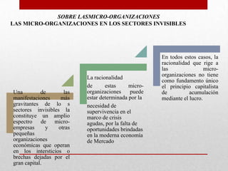 SOBRE LASMICRO-ORGANIZACIONES
LAS MICRO-ORGANIZACIONES EN LOS SECTORES INVISIBLES

Una
de
las
manifestaciones
más
gravitantes de lo s
sectores invisibles la
constituye un amplio
espectro de microempresas
y
otras
pequeñas
organizaciones
económicas que operan
en los intersticios o
brechas dejadas por el
gran capital.

La racionalidad
de
estas
microorganizaciones
puede
estar determinada por la
necesidad de
supervivencia en el
marco de crisis
agudas, por la falta de
oportunidades brindadas
en la moderna economía
de Mercado

En todos estos casos, la
racionalidad que rige a
las
microorganizaciones no tiene
como fundamento único
el principio capitalista
de
acumulación
mediante el lucro.

 