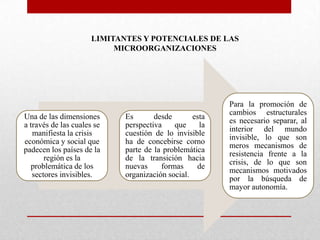 LIMITANTES Y POTENCIALES DE LAS
MICROORGANIZACIONES

Una de las dimensiones
a través de las cuales se
manifiesta la crisis
económica y social que
padecen los países de la
región es la
problemática de los
sectores invisibles.

Es
desde
esta
perspectiva
que
la
cuestión de lo invisible
ha de concebirse corno
parte de la problemática
de la transición hacia
nuevas
formas
de
organización social.

Para la promoción de
cambios estructurales
es necesario separar, al
interior del mundo
invisible, lo que son
meros mecanismos de
resistencia frente a la
crisis, de lo que son
mecanismos motivados
por la búsqueda de
mayor autonomía.

 