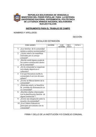 REPUBLICA BOLIVARIANA DE VENEZUELA
        MINISTERIO DEL PODER POPULAR PARA LA DEFENSA
        UNIVERSIDAD NACIONAL EXPERIMENTAL POLITECNICA
          DE LA FUERZA ARMADA NACIONAL BOLIVARIANA
                        NUCLEO FALCON

              INSTRUMENTO PARA EL TRABAJO DE CAMPO

NOMBRES Y APELLIDOS:

                                                                      SECCIÓN:

                           ESCALA DE ESTIMACIÓN
             INDICADORES                   SIEMPRE     CASI    MUY     NUNCA
                                                     SIEMPRE   POCO
   1. ¿Las familias de la comunidad
       asisten a centros recreacionales?
   2. ¿Asiste usted a las asambleas
       realizadas por el consejo
       comunal?
   3. ¿Recibe usted alguna ayuda de
       los centros asistenciales dentro
       de la comunidad?
   4. ¿En la comunidad se organizan
       actividades deportivas o
       culturales?
   5. Con que frecuencia recibe la
       comunidad el servicio de aseo
       urbano?
   6. ¿Existe un Mercal dentro de la
       comunidad?
   7. ¿Participa usted y se beneficia
       de jornadas de alimentación en
       su comunidad?
   8. ¿Reciben charlas relacionadas
       con la planificación familiar .de
       alguna institución’?
   9. ¿Existe una integración entre la
       escuela y la comunidad?
   10. ¿Los Centros Educativos
       participan activamente con su
       comunidad?


            FIRMA Y SELLO DE LA INSTITUCIÓN Y/O CONSEJO COMUNAL
 