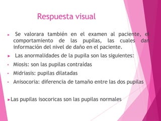 Respuesta visual
▶ Se valorara también en el examen al paciente, el
comportamiento de las pupilas, las cuales dan
información del nivel de daño en el paciente.
▶ Las anormalidades de la pupila son las siguientes:
• Miosis: son las pupilas contraídas
• Midriasis: pupilas dilatadas
• Anisocoria: diferencia de tamaño entre las dos pupilas
▶Las pupilas isocoricas son las pupilas normales
 