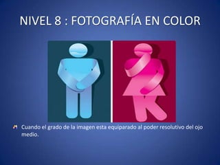 NIVEL 8 : FOTOGRAFÍA EN COLOR




Cuando el grado de la imagen esta equiparado al poder resolutivo del ojo
medio.
 