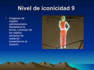 Nivel de iconicidad 9   Imágenes de registro estereoscópico Restablece la forma y posición de los objetos emisores de radiación presentes en el espacio. 
