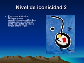 Nivel de iconicidad 2   Esquemas arbitrarios No representan características sensibles. Las relaciones de dependencia entre sus electos no siguen ningún criterio lógico. 