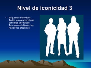 Nivel de iconicidad 3   Esquemas motivados Todas las características sensibles abstraídas. Tan solo restablecen las relaciones orgánicas. 