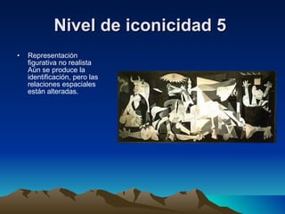 Nivel de iconicidad 5   Representación figurativa no realista Aún se produce la identificación, pero las relaciones espaciales están alteradas. 
