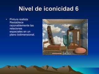 Nivel de iconicidad 6   Pintura realista Restablece razonablemente las relaciones espaciales en un plano bidimensional. 