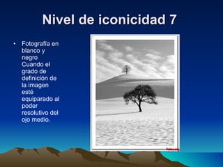 Nivel de iconicidad 7   Fotografía en blanco y negro Cuando el grado de definición de la imagen esté equiparado al poder resolutivo del ojo medio. 