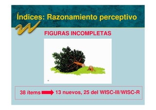 Índices: Razonamiento perceptivo
FIGURAS INCOMPLETAS
38 ítems 13 nuevos, 25 del WISC-III/WISC-R
 
