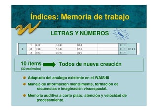 Índices: Memoria de trabajo
LETRAS Y NÚMEROS
Adaptado del análogo existente en el WAIS-III
Manejo de información mentalmente, formación de
secuencias e imaginación visoespacial.
Memoria auditiva a corto plazo, atención y velocidad de
procesamiento.
10 ítems
(30 estímulos)
Todos de nueva creación
NUEVO
 