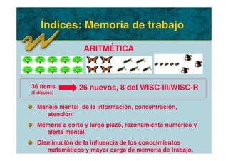 Índices: Memoria de trabajo
ARITMÉTICA
Manejo mental de la información, concentración,
atención.
Memoria a corto y largo plazo, razonamiento numérico y
alerta mental.
Disminución de la influencia de los conocimientos
matemáticos y mayor carga de memoria de trabajo.
36 ítems
(5 dibujos)
26 nuevos, 8 del WISC-III/WISC-R
 