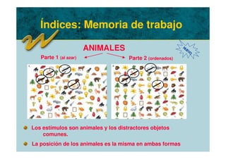 Índices: Memoria de trabajo
ANIMALES
Los estímulos son animales y los distractores objetos
comunes.
La posición de los animales es la misma en ambas formas
NUEVO
Parte 1 (al azar) Parte 2 (ordenados)
 