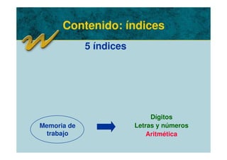 Contenido: índices
5 índices
Memoria de
trabajo
Dígitos
Letras y números
Aritmética
 